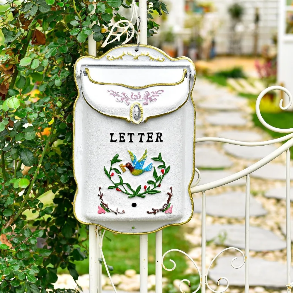 

Country Style Post Box for Outside, Vintage White Letter Box with Charming Design, Decorative Heavy Duty Locking Mailbox