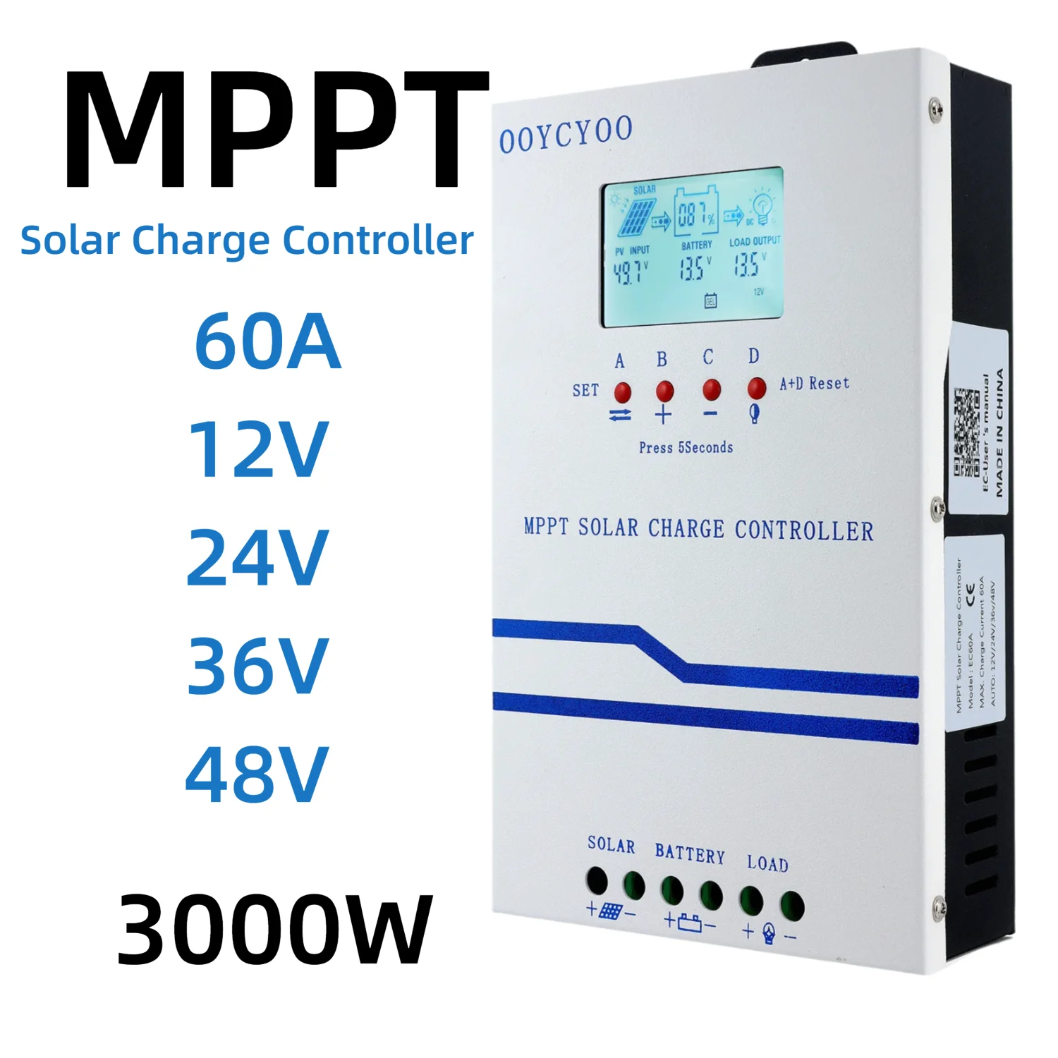 MPPT Solar Controller 60A 12V/24V/36V/48V Auto Identify for Lithium Lead Acid Battery PV Regulator Charger