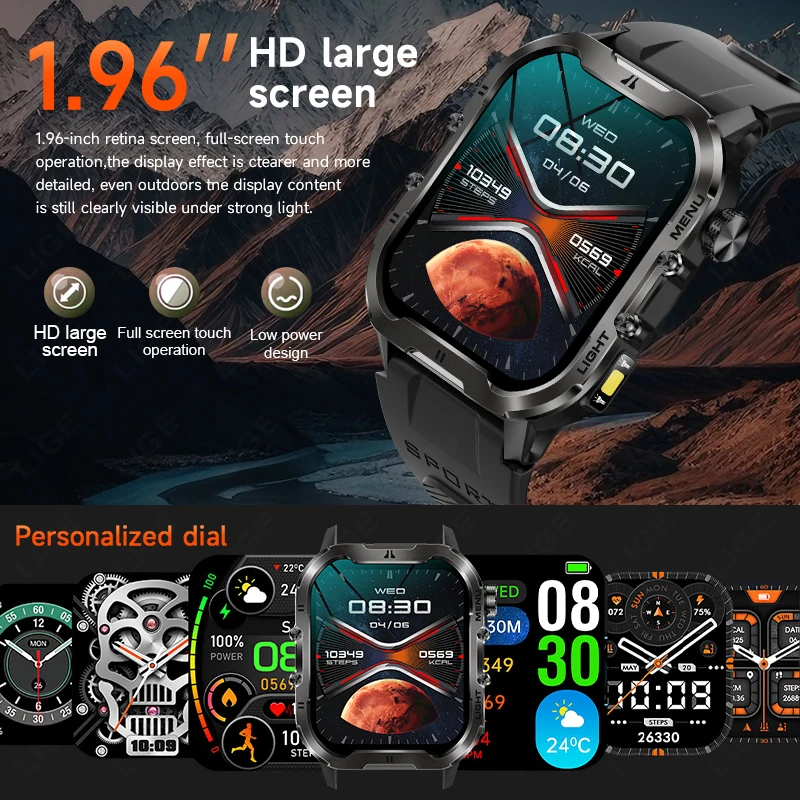 LIGE Outdoor Sports Smart Watch LED Light 1.96 \