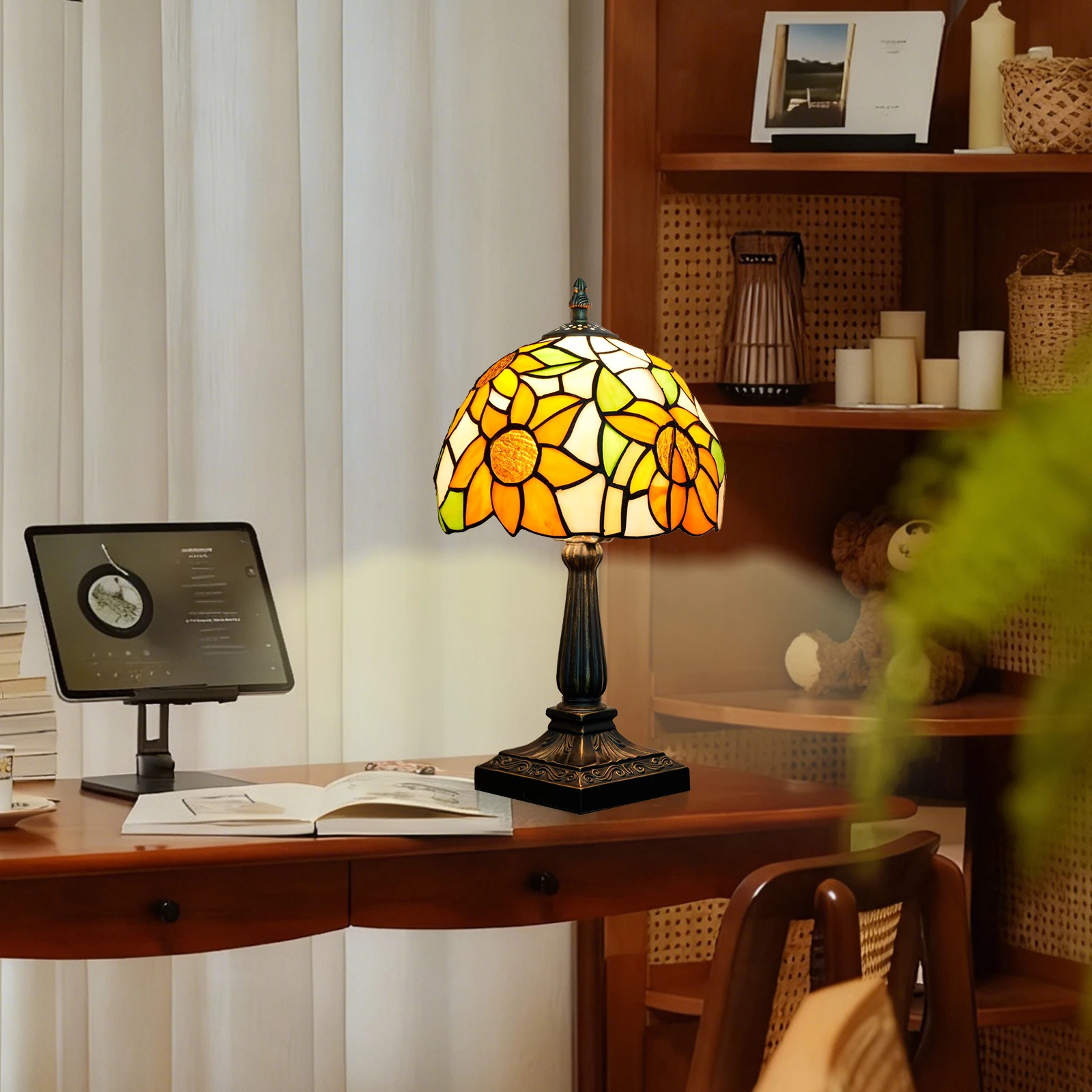 Tiffany Style Table Lamp,Sunflower Stained Glass Lamp 8 Inch Small Antique Bedside Lamp, for Bedroom Living Room Home