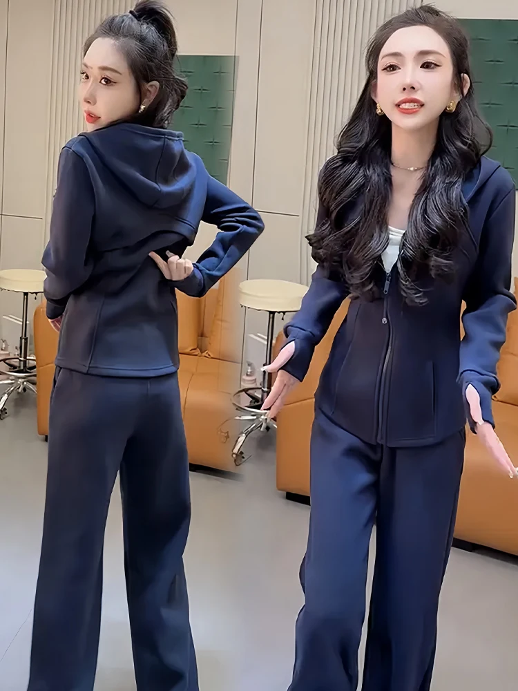 캐주얼 스포츠웨어 세트 여성용 루즈핏 후디 와이드 레그 팬츠 투피스 세트 가을 겨울 신상 플러스 사이즈 패션