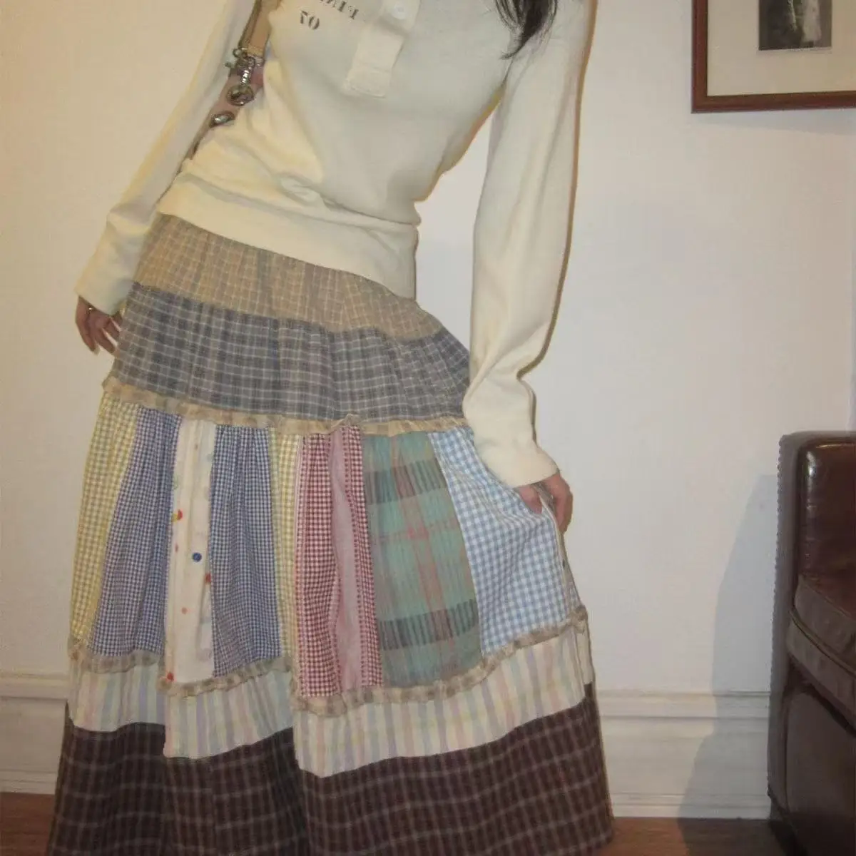 

2026 Trend New Fashion Cotton Blend Patchwork Long Skirt High Waist Half Skirt Women's Streetwear Y2K Skirt