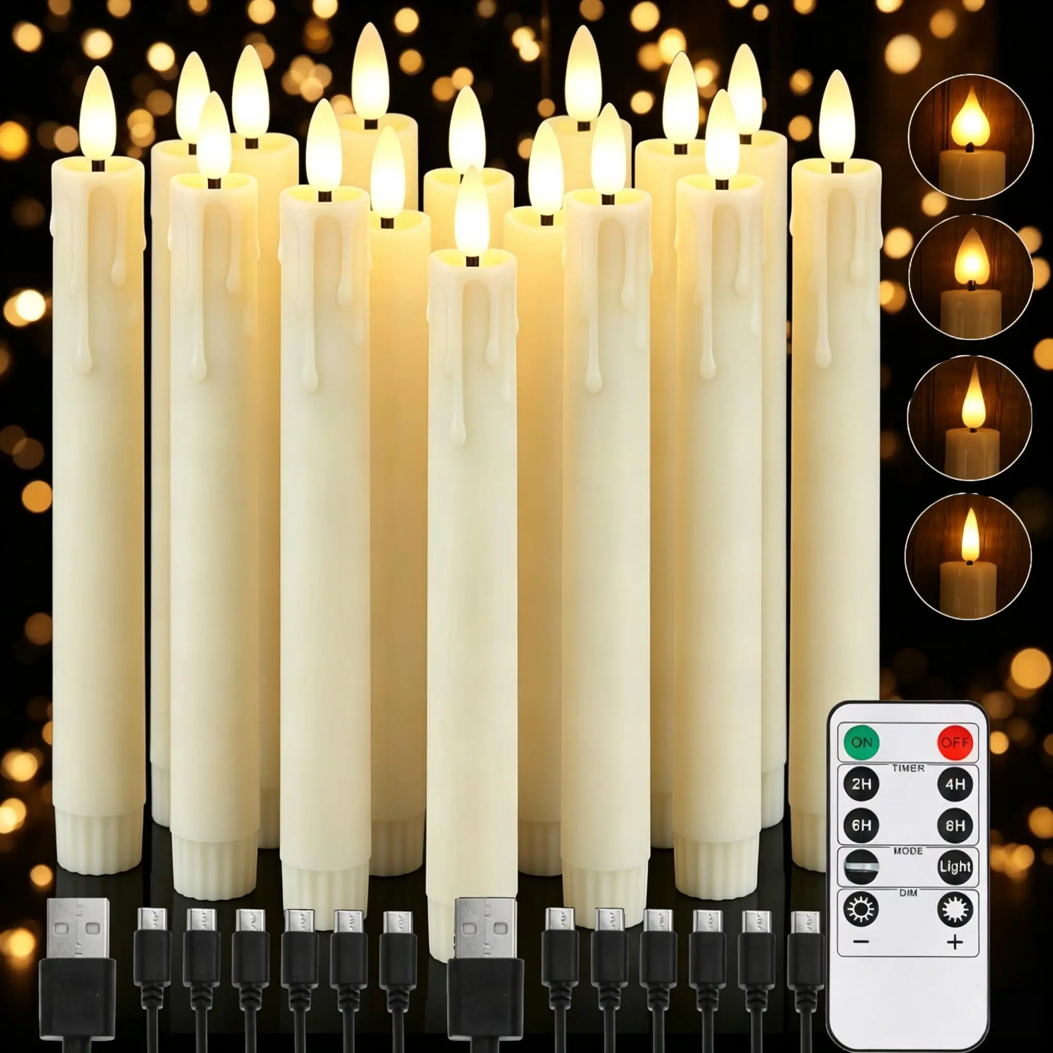 6Pcs Rechargeable Flameless Taper Candles with Remote 3D Wick Ivory Taper Timer Flickering Function for Home Wedding Decoration