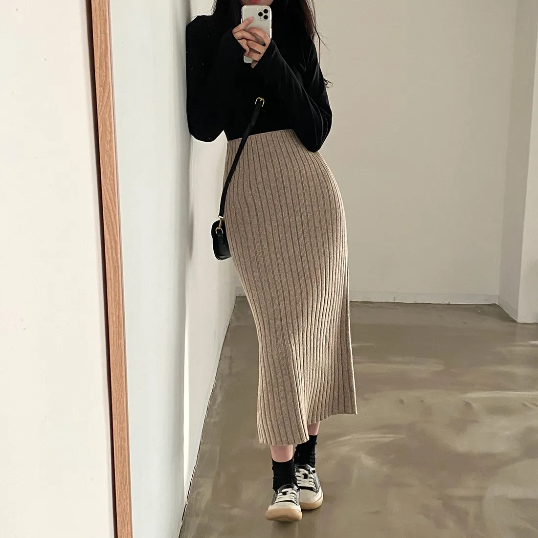 Korean style Versatile pit strip slim high waist hair knitted skirt woman