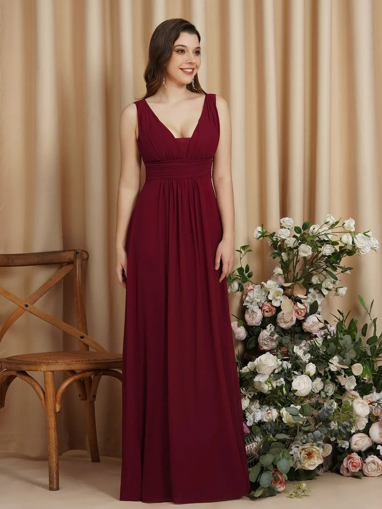 BABYONLINE Bridesmaid Dress Pleated Front Bodice Combined with Illusion V-neckline A-Line Chiffon Flowy Skirt Wedding Guest Gown
