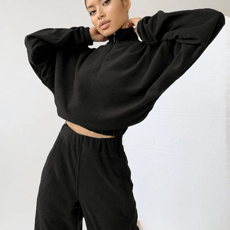 Women Velvet Tracksuit Zipper Collar Sweatshirt Outfit Sweatsuit Set Warm Long Sleeves And Pants 2 Piece Set Harem Trouser Suits