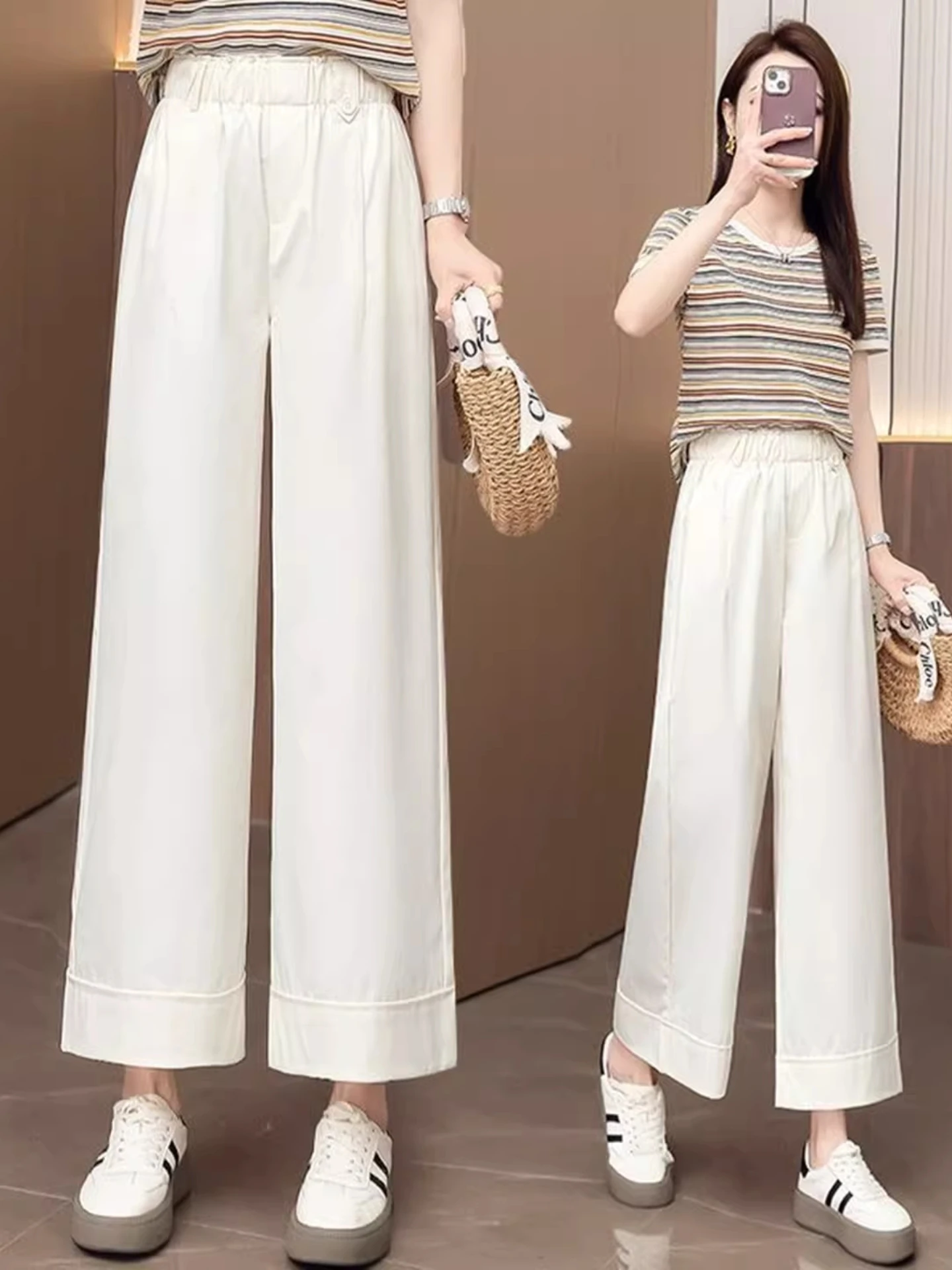 

Casual High Waist Wide Leg Pants Women Summer Thin Outerwear Large Size Nine Points Straight Cut Trousers Breathable Skin-Fri...