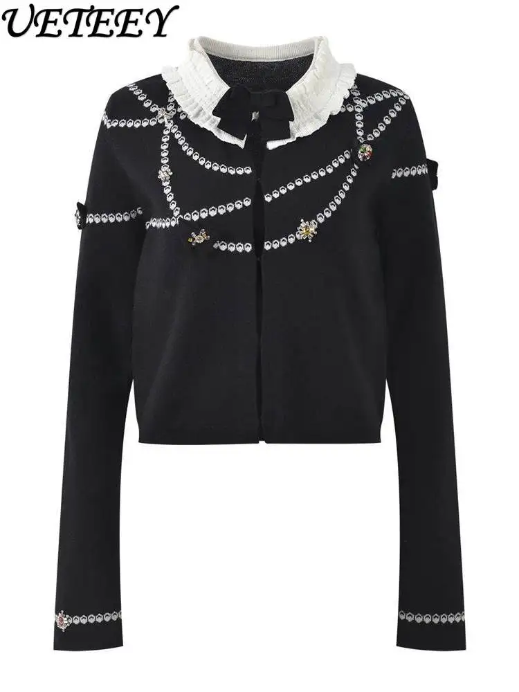 

2026 Spring Autumn New Socialite Pearl Jacquard Decorated Ruffle Collar Short Sweater Elegant Versatile Knitted Cardigan Jacket