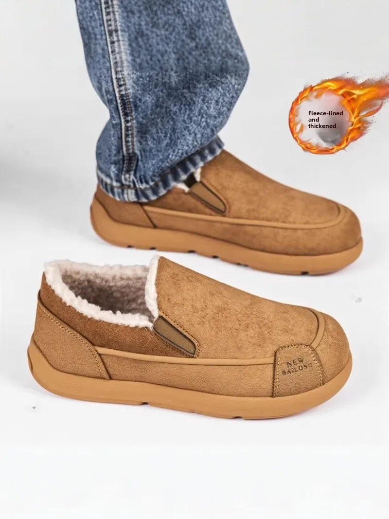 

Men's Winter Thickened Fleece Lined Slip-On Casual Shoes Anti-Slip Large Head Bean Shoes Comfortable Breathable Leather