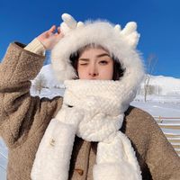 Cartoon Warm Thicken Winter Hat Ear Protection Soft Plush Bucket Hat Outdoor Windproof Chrismas Gifts Integrated Cap Scarf Women
