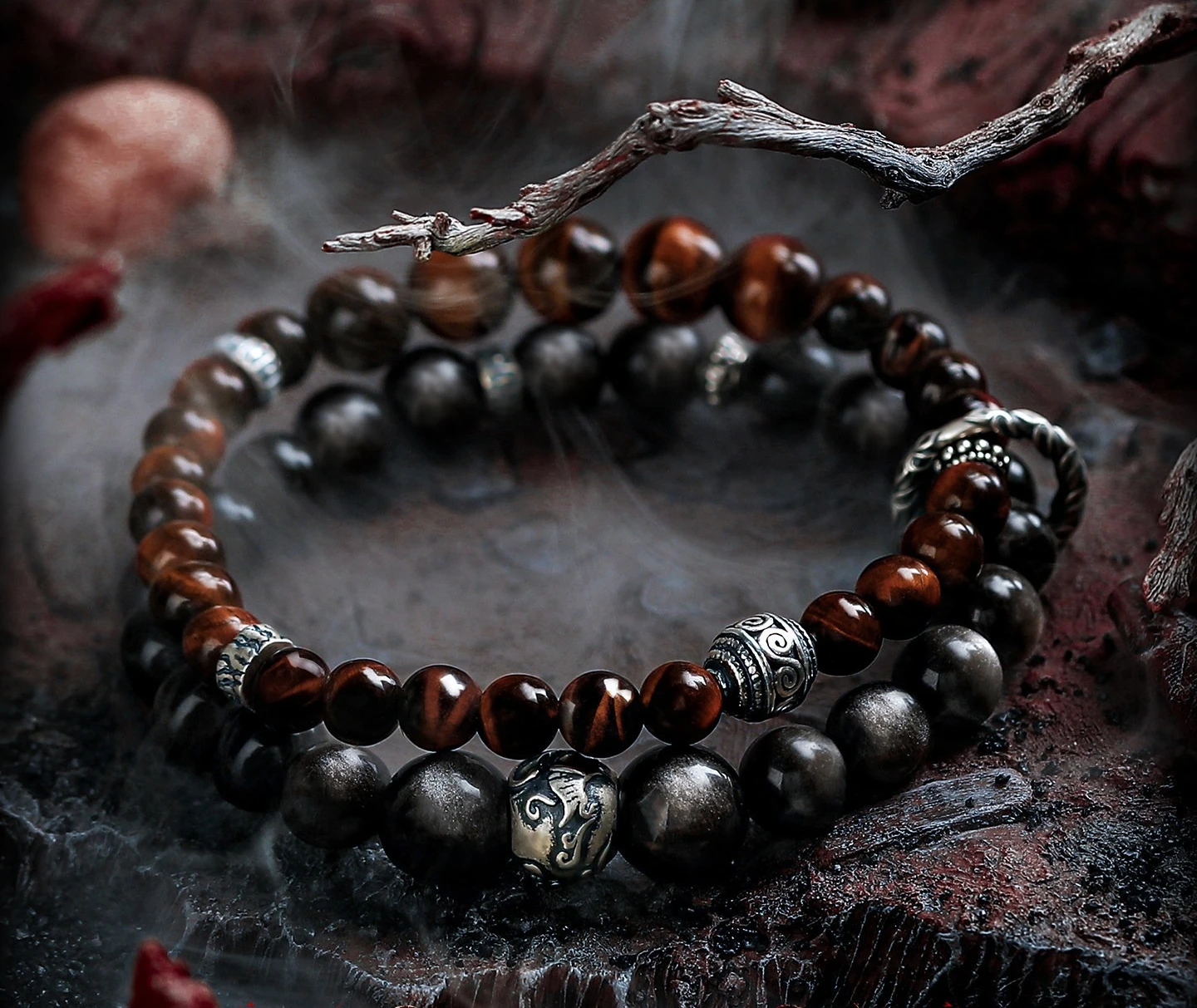 [Higan] Niche Silver Obsidian Bracelet Men's High-end Retro Red Tiger's Eye Bracelet.