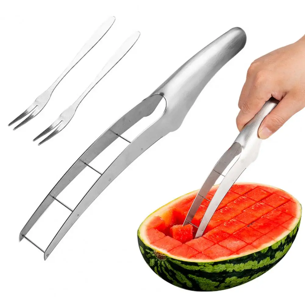 Uniform Cutting Grooves Stainless Steel Watermelon Cutter Slicer with Forks for Home Outdoor Use Portable for Camping for Home