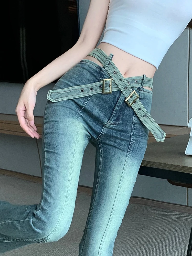 

Vintage High Waist Flare Jeans Women Cross-Webbing-Belt Bell bottoms Slim Bootcut Pants Grunge Y2k Trousers Streetwear