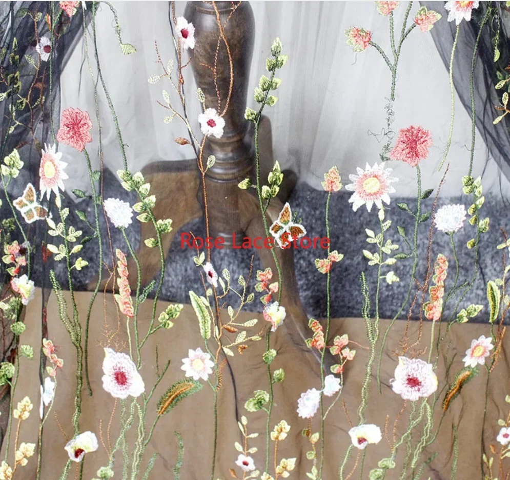 Красочная кружевная ткань с цветочной вышивкой, винтажная сетчатая тюлевая ткань с цветочным принтом для платья подружки невесты, халата для выпускного вечера, вечернего платья