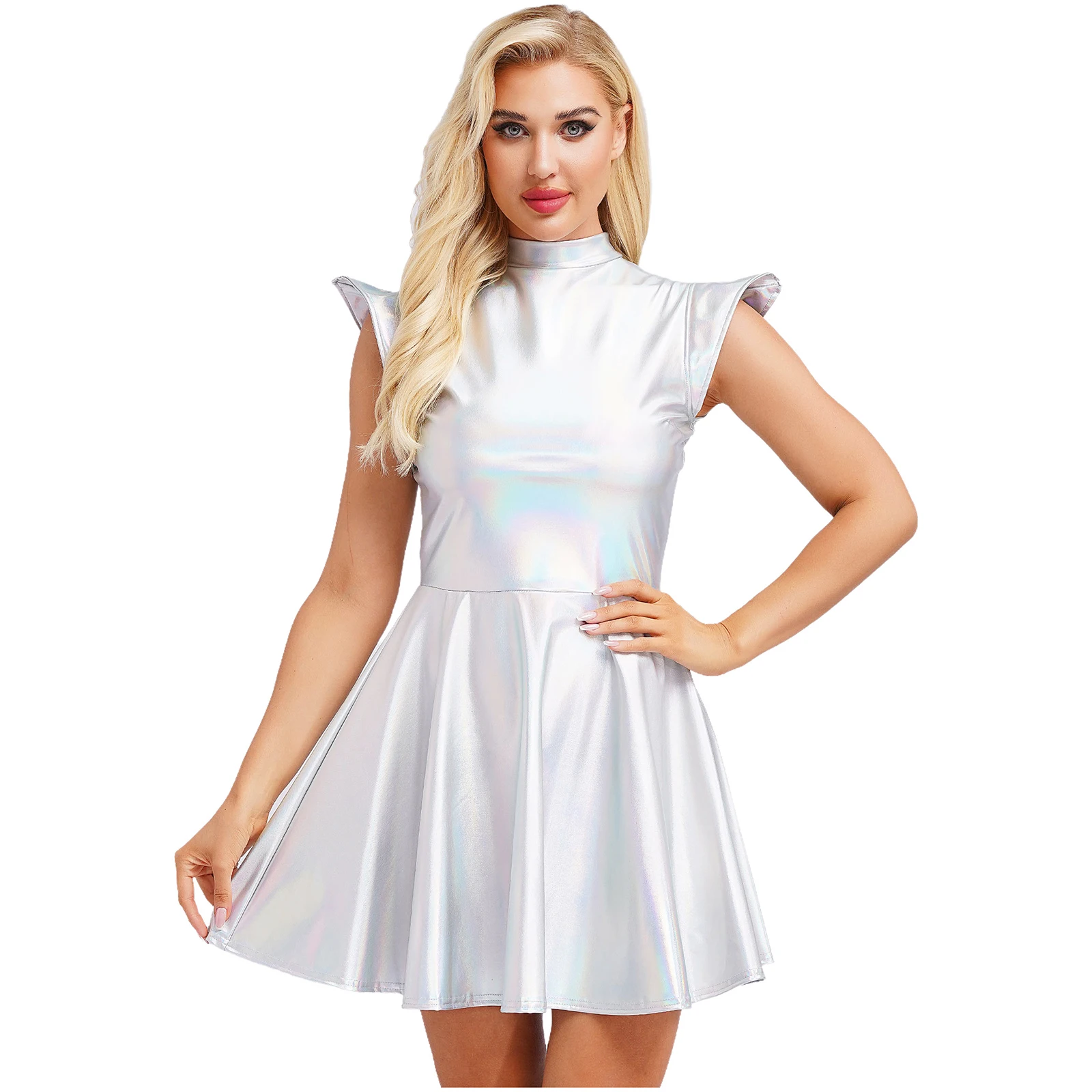 Vestido brilhante para mulheres, roupa de balada metálica, moda cintura alta, vestidos rave, coquetel, vestido de bar