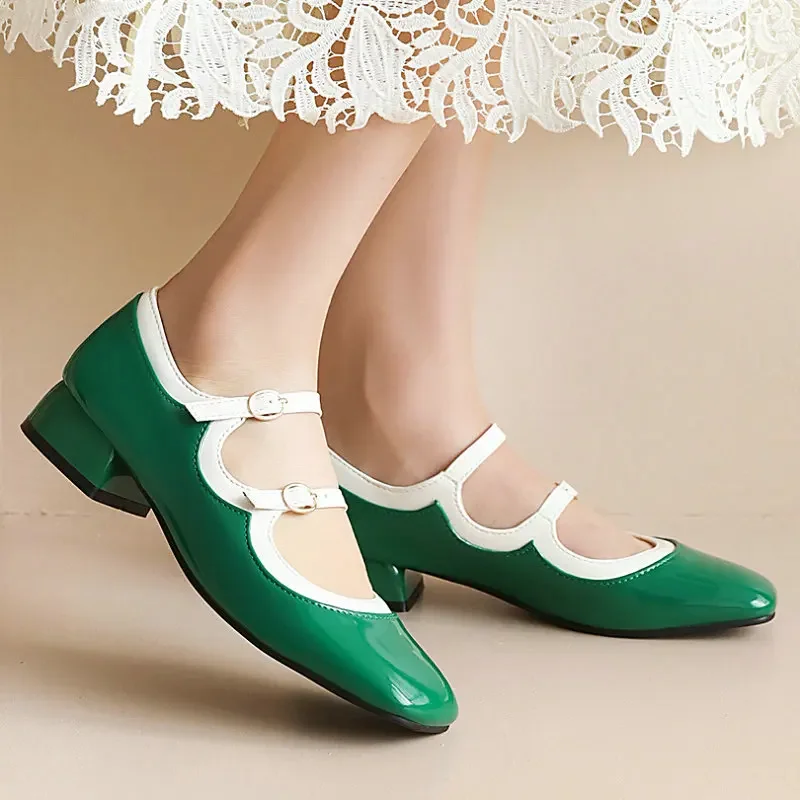 Patent PU Leather Mixed Coor Black Green Nude Round Closed Toe Double Buckle Strap Lady Med Heels Vintage Women Mary Janes Pumps