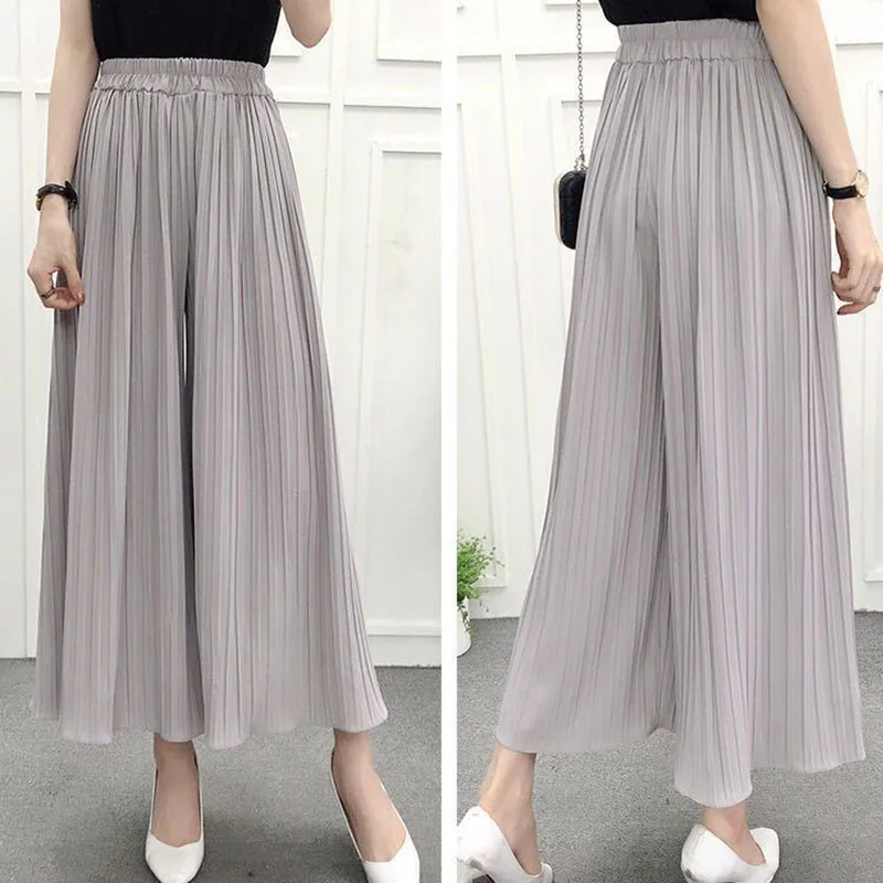 Lucyever 2023 Summer Thin Wide Leg Pants Women Casual Loose Elastic Waist Pleated Trousers Female Chiffon Ankle Length Pants