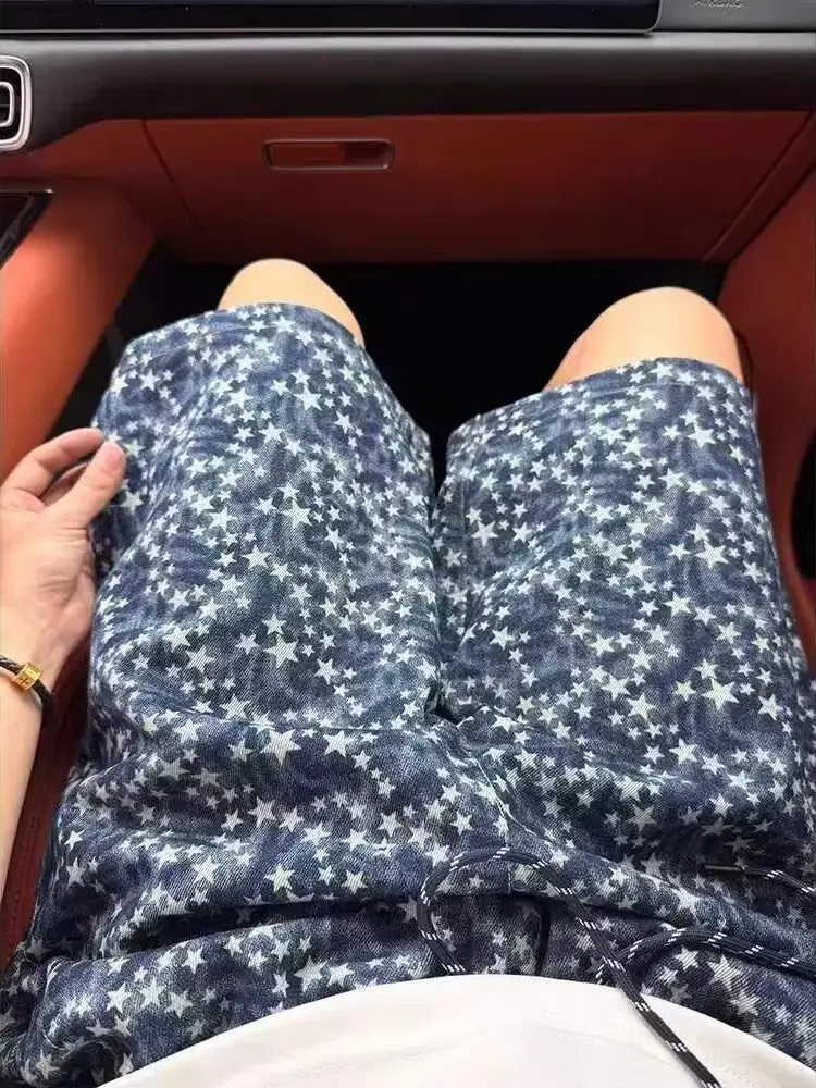 

American Retro Star Print Denim Shorts Men's Summer Unique Design Feel Loose Five-Quarter Pants Casual Male Fashion