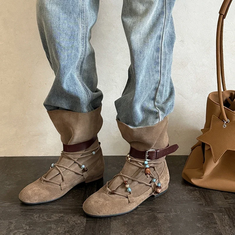 New 2027 Autumn Cow Suede Leather Boots Woman Fashion Round Toe Cross-tied Mid Heels Motorcycle Boots Woman Slip on Roma Boots