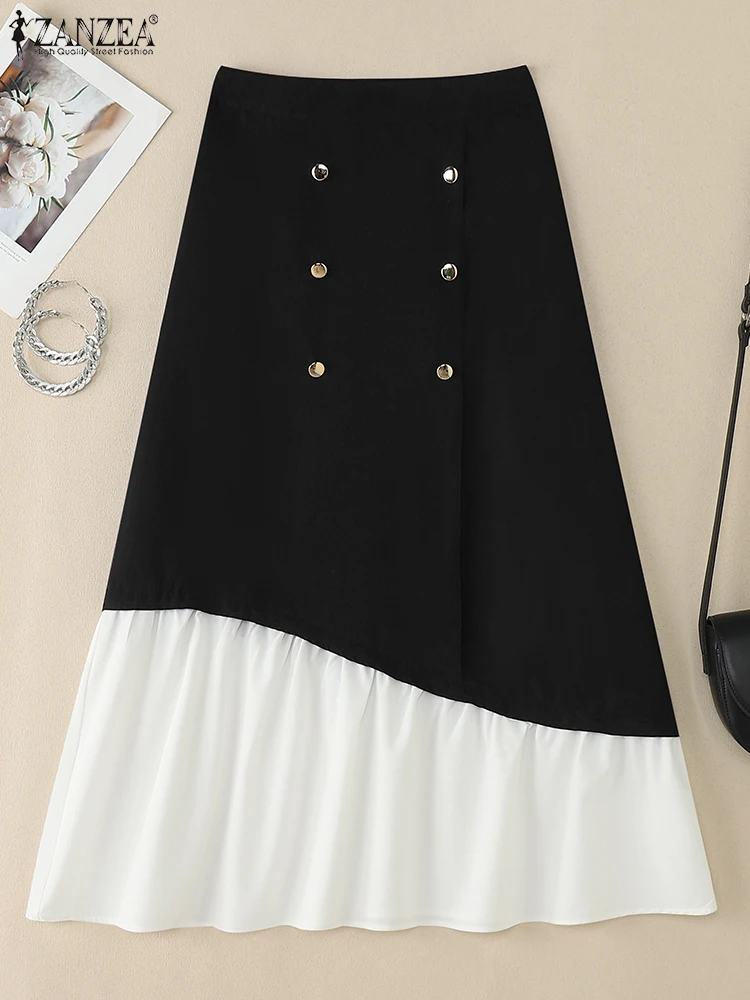 

ZANZEA Women Elegant High Waist Maxi Skirts Contrast-Color Hem Jupes Femme Office Wear Asymmetrical Patchwork Commuting Faldas