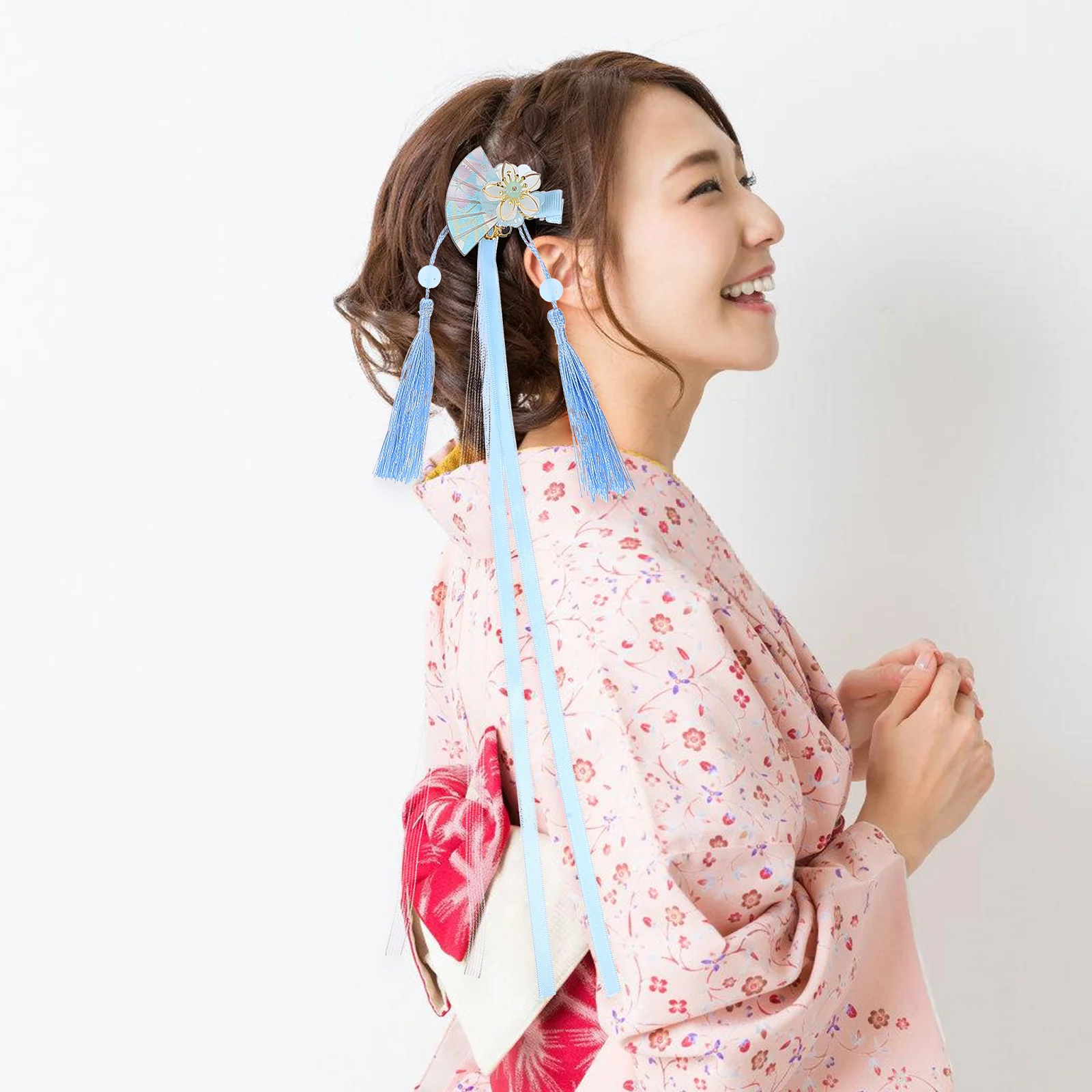 

2 pcs Japanese Fan HairClips Red Flower Tassel Ribbon Decorative Accessories Women Hairstyle Daily Party Use Hairpins Styling