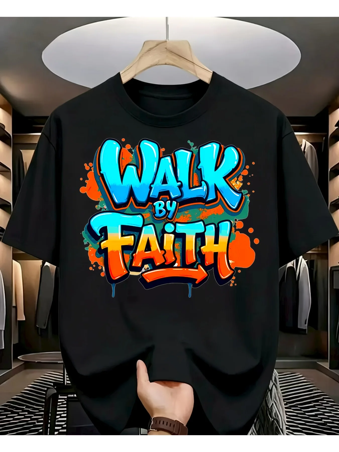 Journey of Faith Men's Plus Size T-Shirt - Eye-Catching Blue and Orange Graffiti Print T-Shirt, Urban Street Style Crew Neck Casual Shirt, Machine Washable, Suitable for Fashion-Forward Men, All-Season Wear, Perfect for Parties and Everyday Outfits