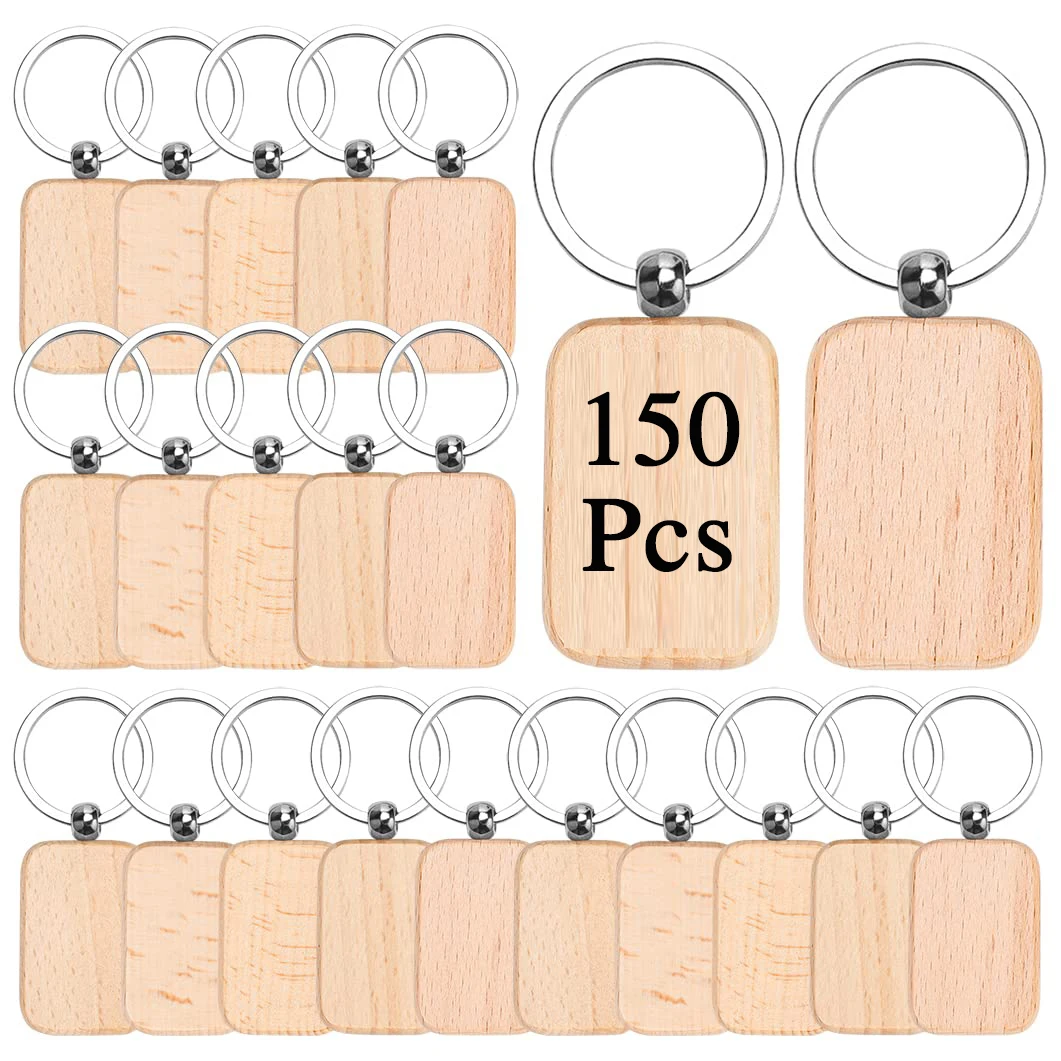 

150Pcs Blank Wooden Carving Blank Key Label With Loop Keychain Wooden Wooden Keychain Keytag Keychain Carving for DIY Gift