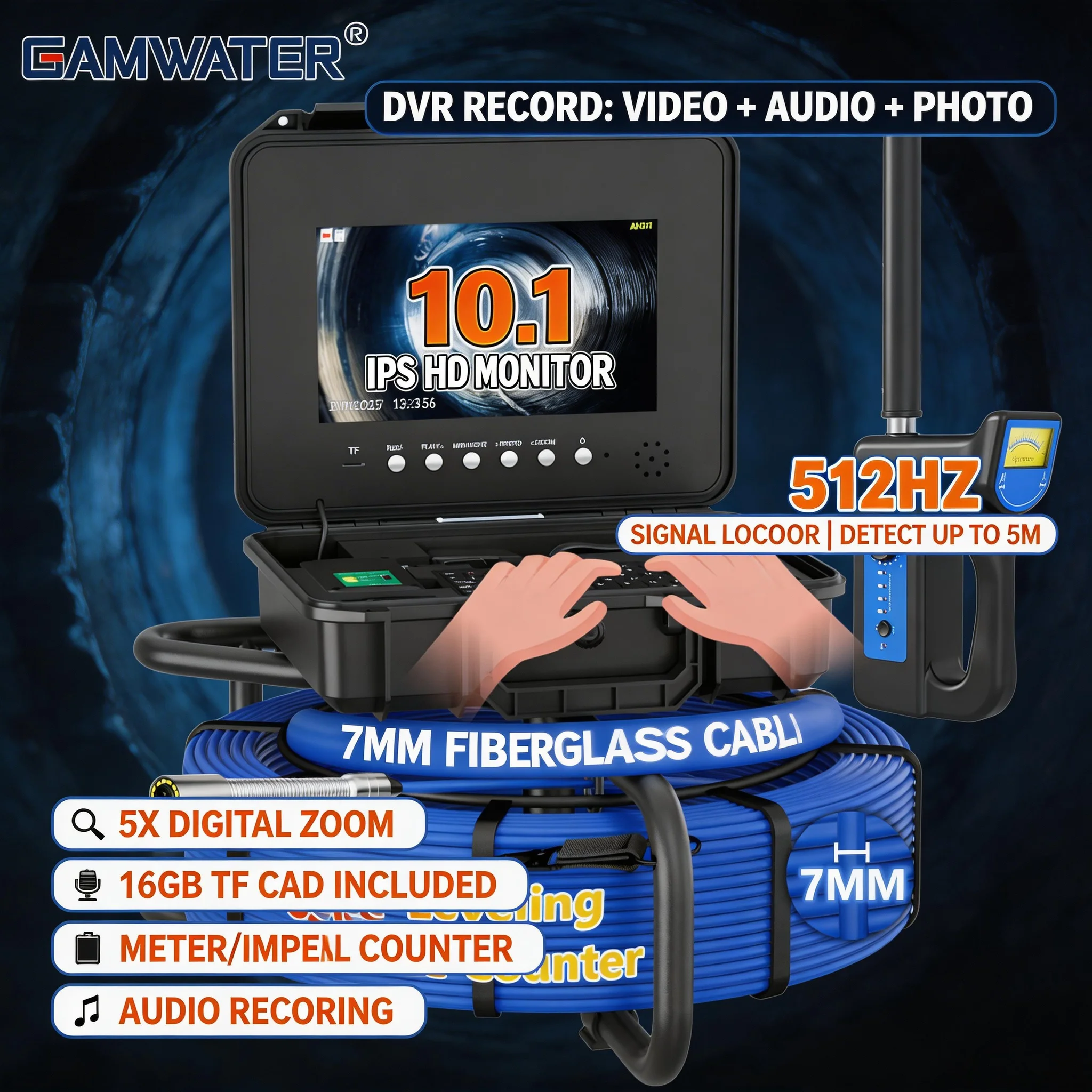 

10.1" Sewer Camera 512Hz Locator DVR 30M 7mm Cable Self-Leveling 1080P IPS Endoscope Borescope Keyboard Meter Counter 16G Card