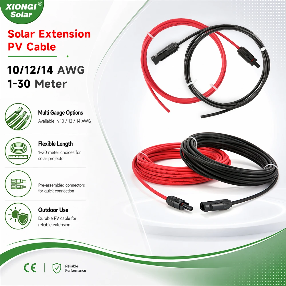 XIONGISOLAR 1 Paar Solarpanel-Kabel, Kupferdraht, 6, 4, 2,5 mm2, 10, 12, 14 AWG, Schwarz und Rot, mit Solar-PV-Drähten, Anschlusskabel