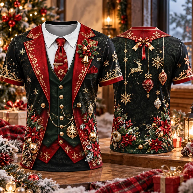 Christmas Tuxedo 3D Print T Shirt Men Short Sleeve Faux Blazer Bow Tie Graphic Tee Festive Holiday Party Costume Fun Xmas Outfit