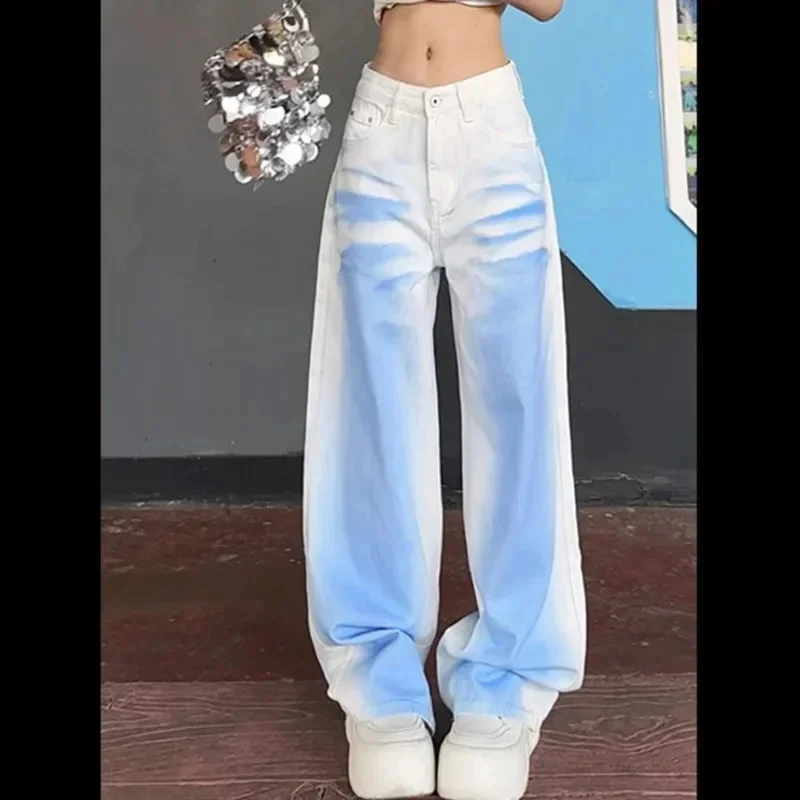 Women's Tie Dye Wide Leg Jeans Denim Pants Button Baggy Trousers Plus Size White Blue Hip Hop Retro High Street