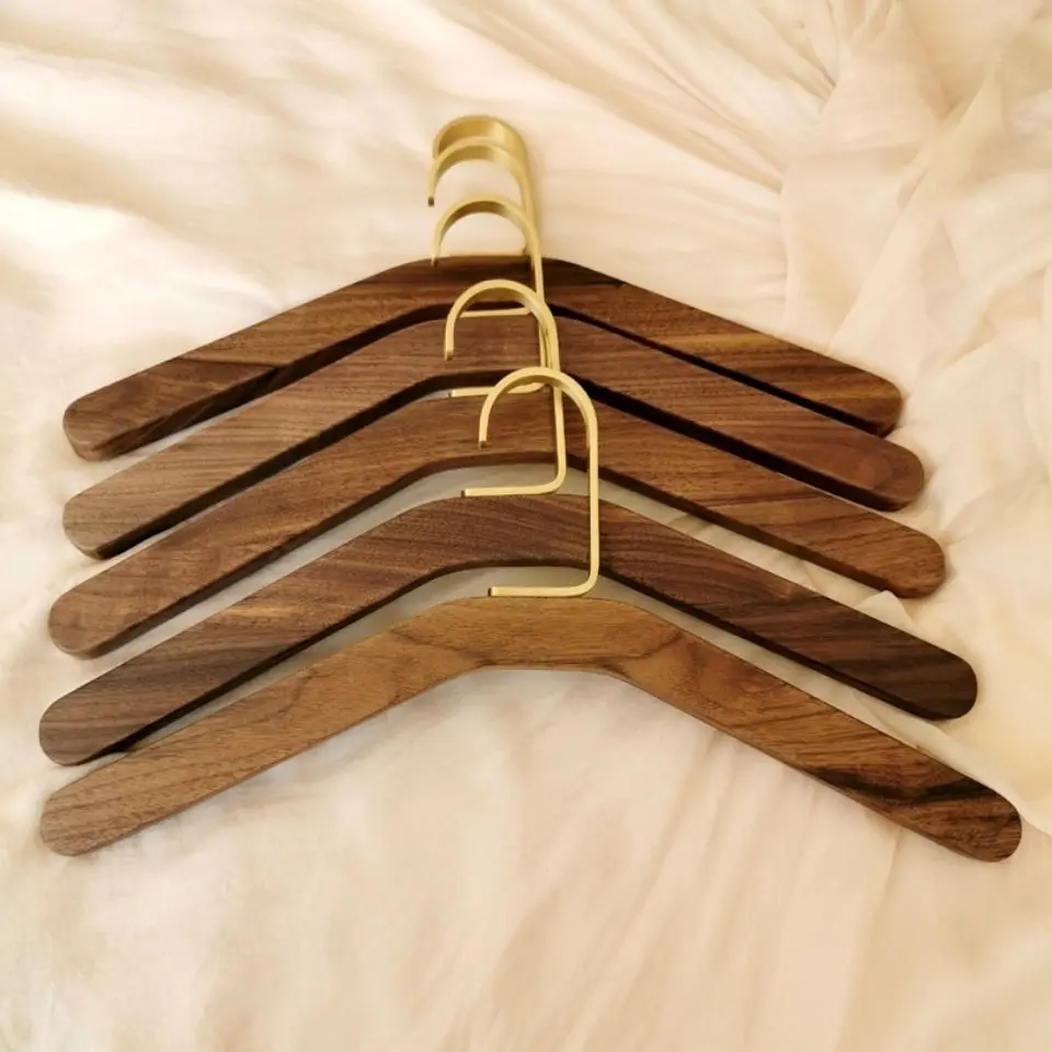 5 Pack Natural Wooden Hangers with Gold Hooks, Heavy Duty Walnut Wood Coat Hangers for Closet, Smooth Finish Suit Hangers for