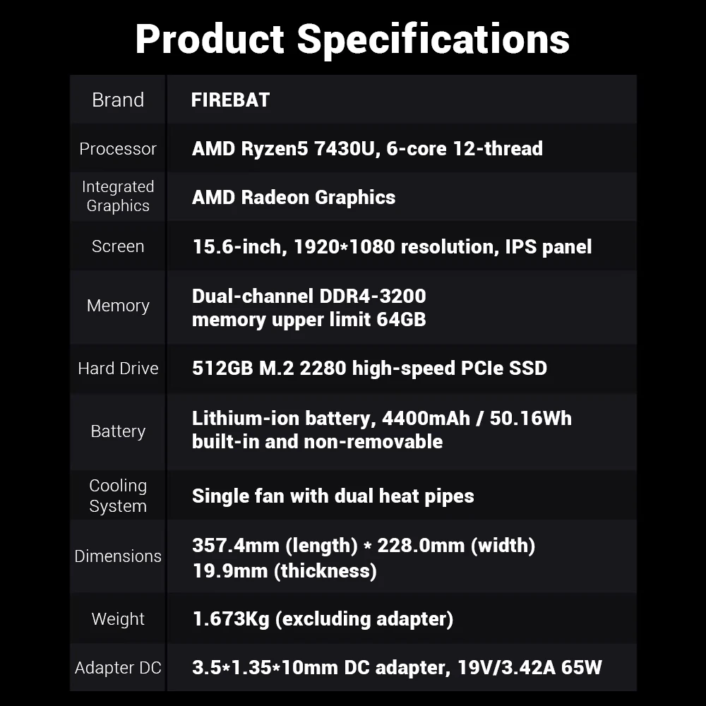 Firebat Laptop AS1 AMD Ryzen5 7430U 16GB DDR4 3200Mhz 512GB SSD 15,6 Zoll IPS Windows 11 Notebook Typ-C Wifi6 Volltastatur – Detail 12