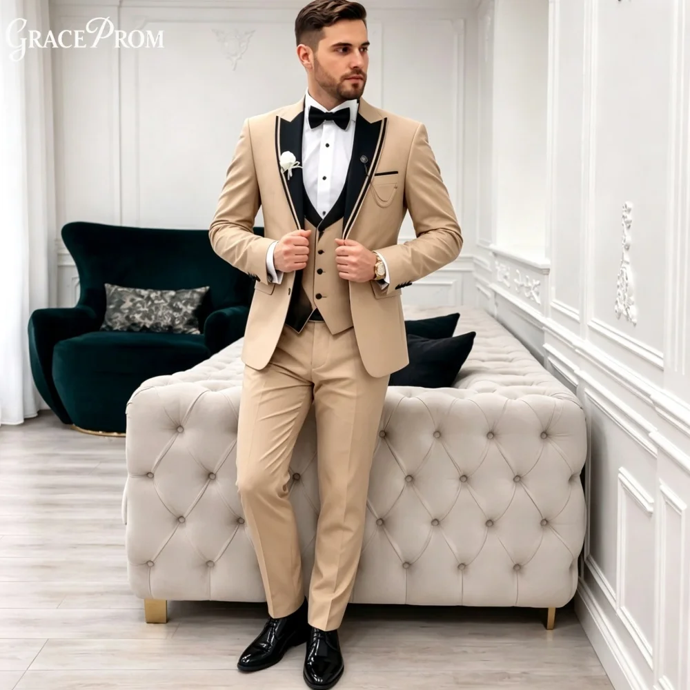 Premium Khaki Black Lapel Men Suit Set 3PCS 2027 For Wedding Formal Business Groom And Best Man Outfit Elegant Office Men's Suit