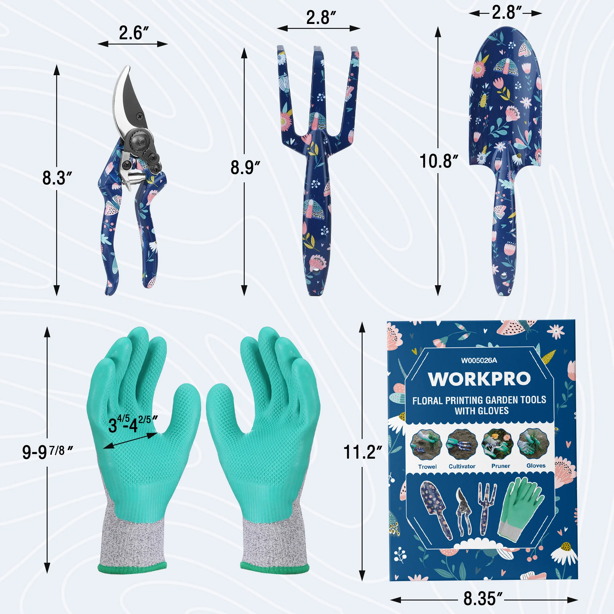 WORKPRO-Juego de herramientas de jardín de aluminio, 4 piezas, herramientas de mano resistentes con caja que incluye paleta, rastrillo, podadora, guantes de jardín, Floral