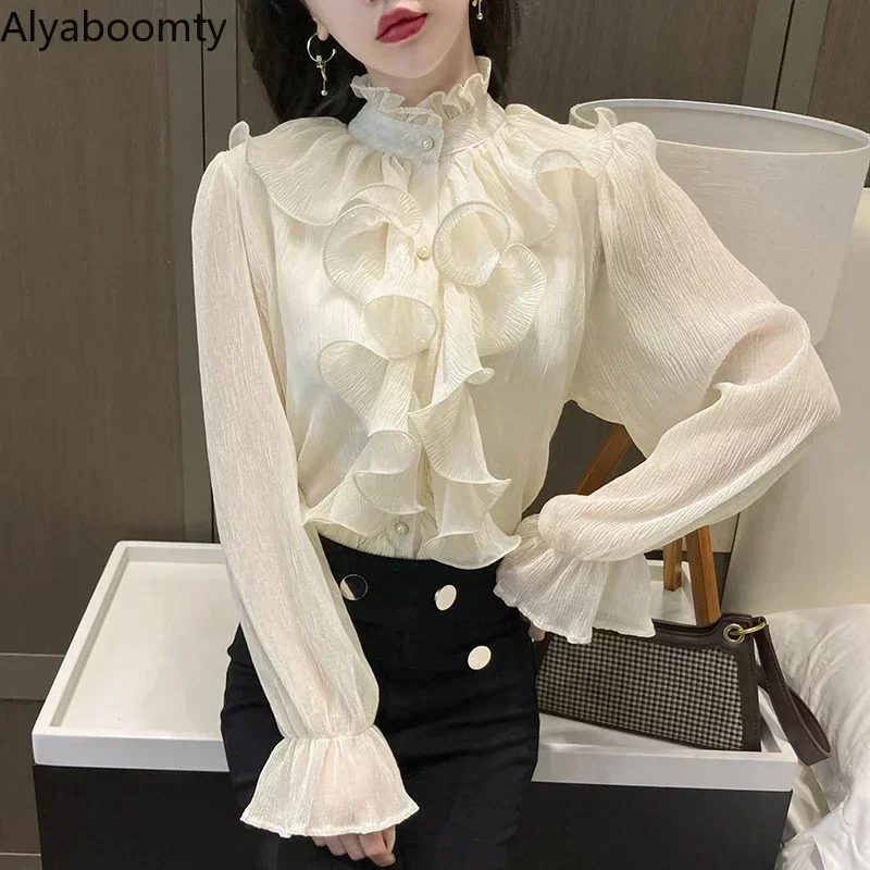 Spring Autumn Women Princess Blouse Ruffled Collar White Apricot Black Fairy Blusas Elegant Chiffon Ruffles Feminine Loose Shirt