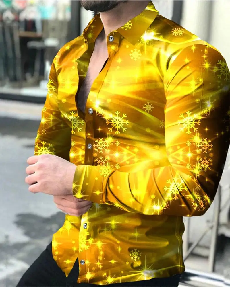 Comfortable 2024 New Men\'s Party Shirt Luxury Social Men\'s Shirt Lapel Button Shirt Casual Plaid Print Gold Long-sleeved Shirt
