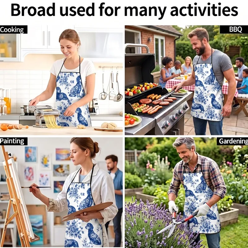 1PC【Apron】2D Flat effect，Vintage blue and white porcelain style blue dog floral print，Supported by durable materials，Suitable fo