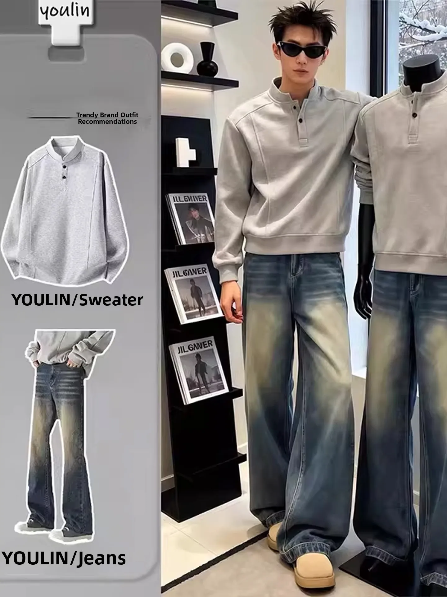

American Sle Fce Lined Hoodie And High Street Jeans Two Piece Set for Men Autumn Winter Faion Casual Cool Look