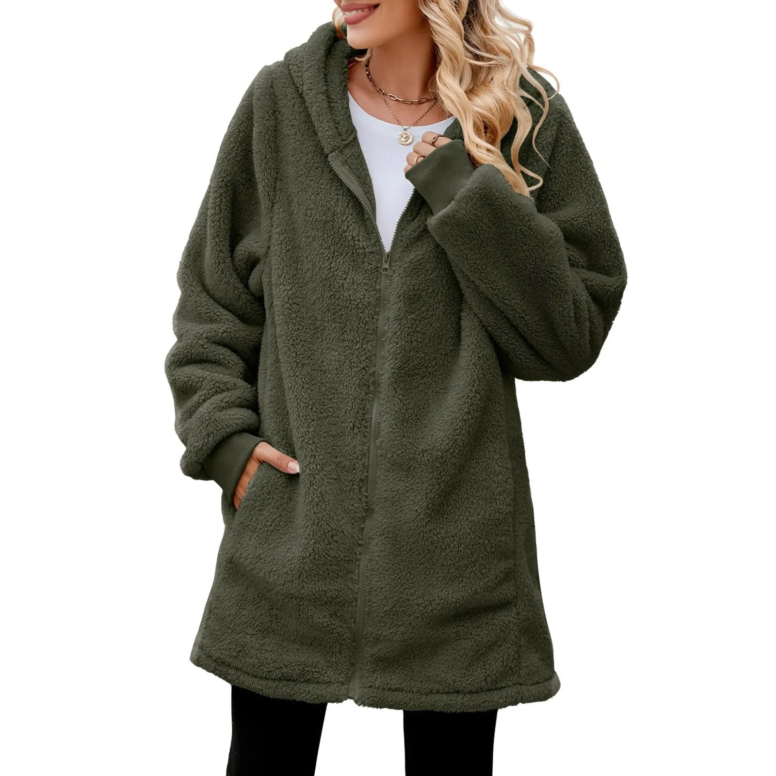 Women\'S Oversized Plush Jacket Solid Color Zippers Hooded Streetwear Cardigan Autumn And Winter Fleece Outerwear For Women 2024