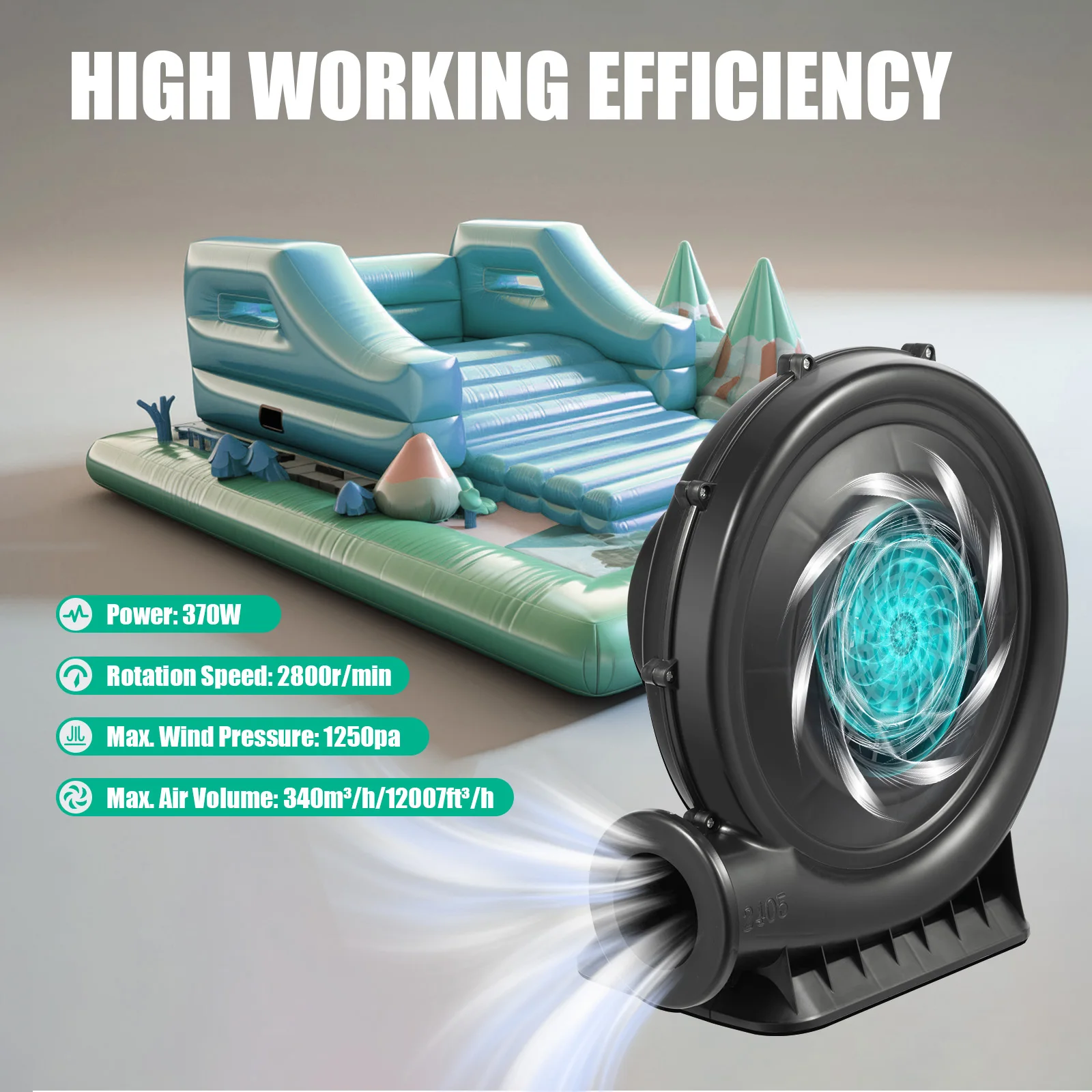 370W Air Blower Fan low noise Continuous Blower Inflatable Castle Pump High Pressure Blower