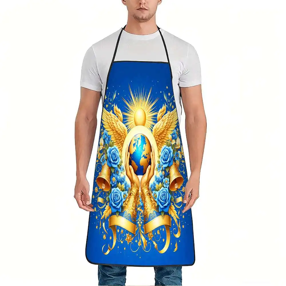 1pc Golden Angel Wings Blue Roses Globe Print Apron, Durable and Easy to Clean, Adjustable Waistband, Polyester Material, for Ki