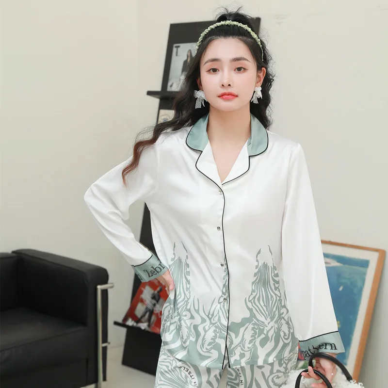 2026 Spring Autumn Elegant Women Pajamas Ice Silk 2piece Set Zebra Print Fashion Long Sleeve Pants Loungewear Nightwear Homewear