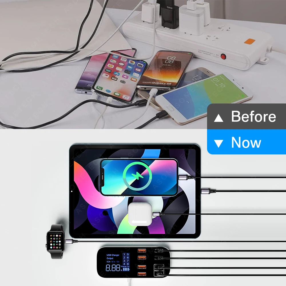 USB-концентратор с 8 портами для быстрой зарядки, 40 Вт, со светодиодным дисплеем