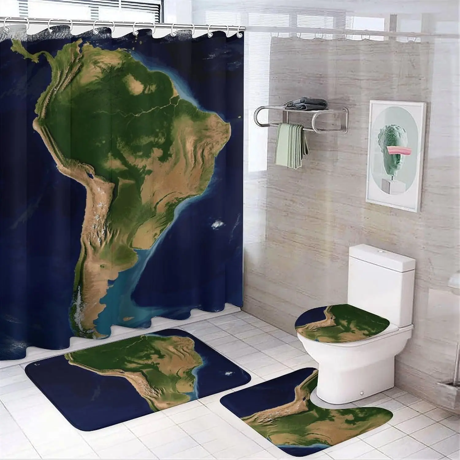 

Набор штор для душа со спутниковым изображением Южной Америки, состоящий из 4 предметов с нескользящими ковриками, крышкой унитаза и ковриком для ванной, мягким ковром для ванной комнаты