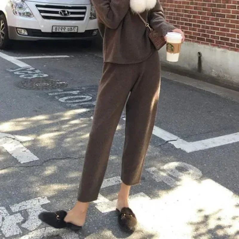 Autumn Winter Solid Color Warm Knitted Trousers Classic Loose Thick Warm Harem Pants Casual High Waist Elastic Soft Pants Women