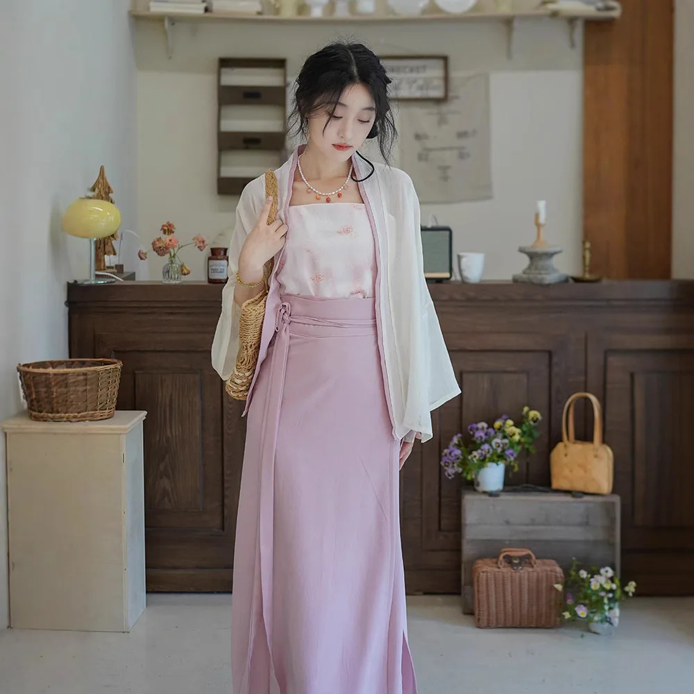 2025 신곡 왕조 스타일 여름 자카드 새틴 트월 스커트 여성용 한복 중국 스타일