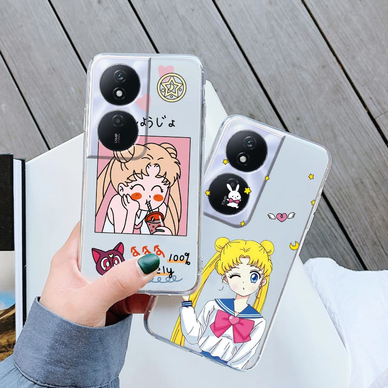 Capas transparentes claras do telefone do silicone, anime dos desenhos animados, marinheiros, luas, coelho, meninas, gato, huawei honra 90, smart x7b, 4g, 5g