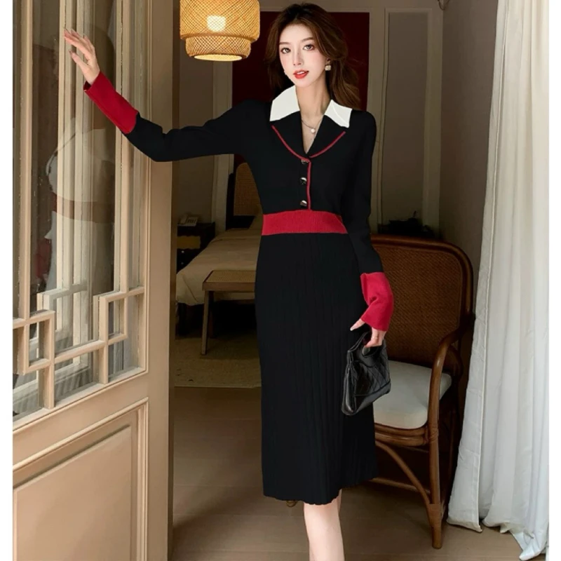 Korean Fashion Hit Color Notched Collar Knitting Dress Autumn Winter Single Breasted Long Sleeve  Elastic Pleated Midi Vestidos