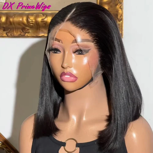 Pelucas Bob Frontal de encaje recto 13X4 de densidad 200, cabello humano 100% para mujeres, cabello Remy brasileño, cabello virgen prearrancado # 1B 16 pulgadas